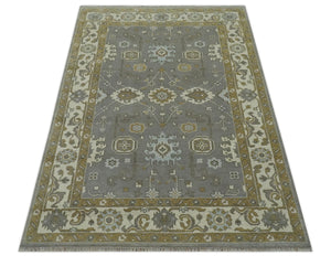 Gray, Ivory and Olive 6x9 Hand Knotted Traditional Oushak wool area rug