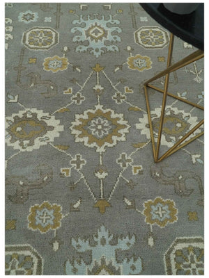 Gray, Ivory and Olive 6x9 Hand Knotted Traditional Oushak wool area rug