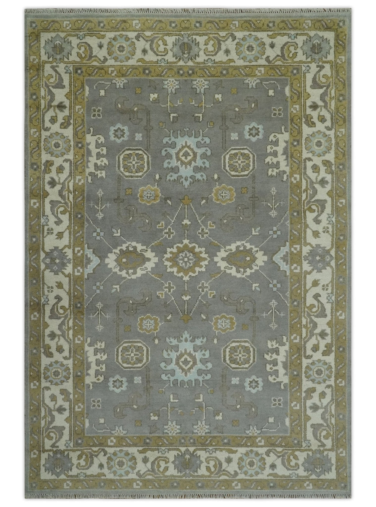 Gray, Ivory and Olive 6x9 Hand Knotted Traditional Oushak wool area rug