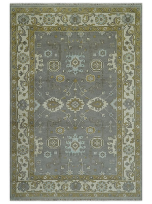 Gray, Ivory and Olive 6x9 Hand Knotted Traditional Oushak wool area rug