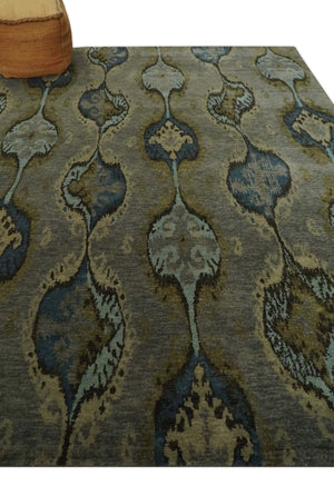 Gray, Teal, Beige and Silver Antique Ikat Design 8x10 wool Area Rug