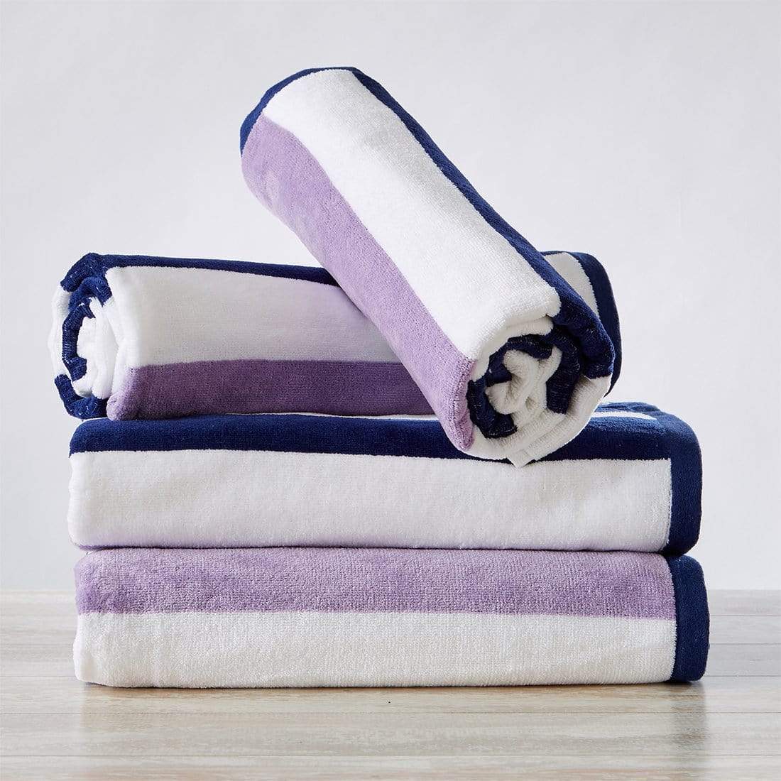 Great Bay Home 30" x 60" / Navy / Lilac 4 Pack Cotton Stripe Beach Towel - Sunset Bay Collection 4 Pack 100% Cotton Reversible Cabana Beach Towel | Sunset Bay by Great Bay Home