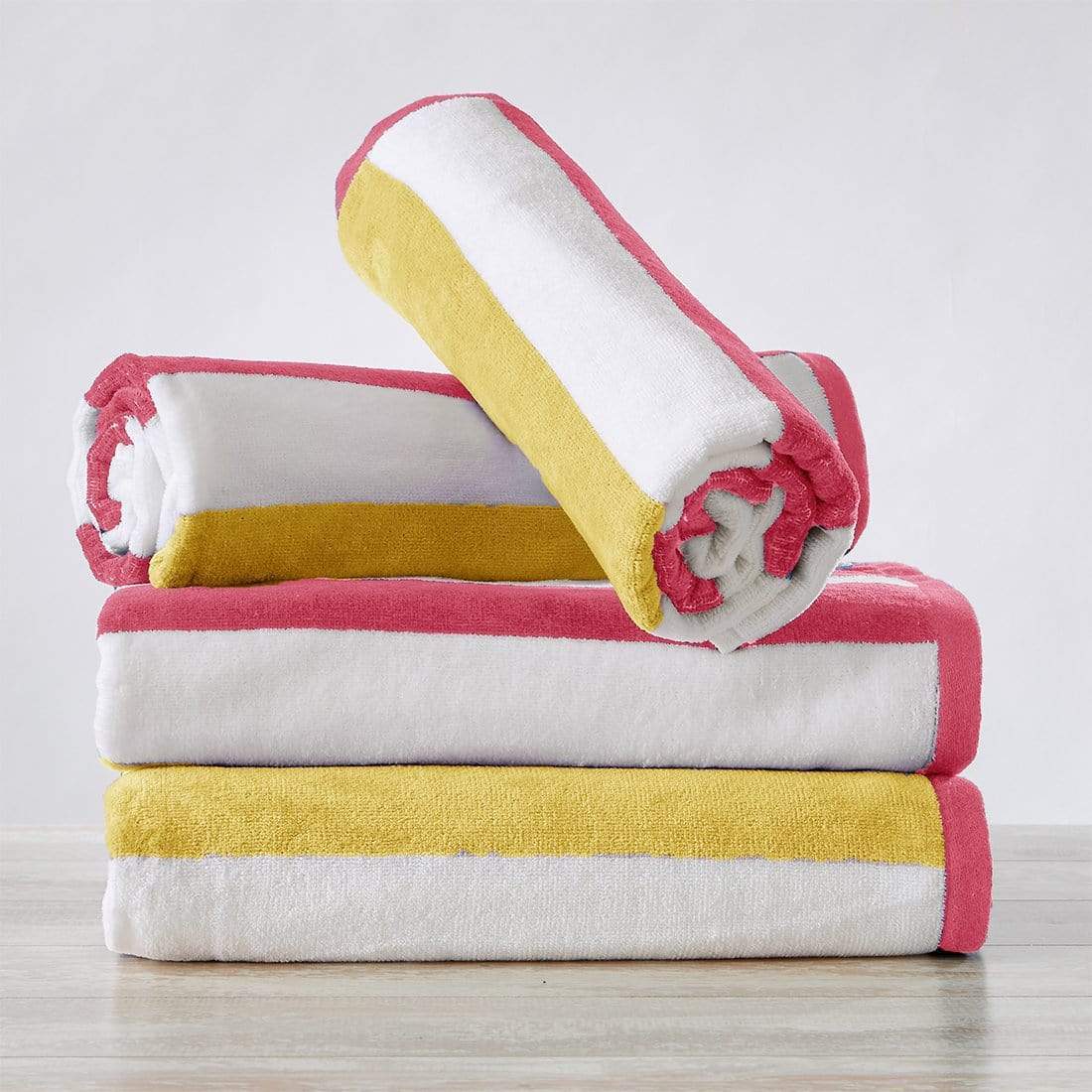 Great Bay Home 30" x 60" / Coral / Yellow 4 Pack Cotton Stripe Beach Towel - Sunset Bay Collection 4 Pack 100% Cotton Reversible Cabana Beach Towel | Sunset Bay by Great Bay Home