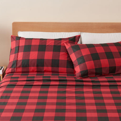 Great Bay Home Twin / Buffalo Check - Black/Red 4 Piece Printed Microfiber Sheet Set | Baylor Collection  4 Piece Printed Microfiber Sheet Set | Baylor Collection 
