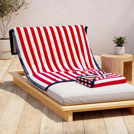 greatbayhome Beach Towels 2 Pack- 35" x 70" / Red / Navy Oversized Striped Border Cabana Beach Towel - Santa Cruz Oversized Stripe Border Cabana Beach Towel | Santa Cruz by Great Bay Home