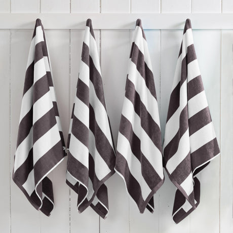 greatbayhome 4 Pack- 35" x 70" / Charcoal Grey Cotton Velour Cabana Stripe Beach Towel - Novia Collection Cotton Velour Cabana Stripe Beach Towel | Novia Collection by Great Bay Home