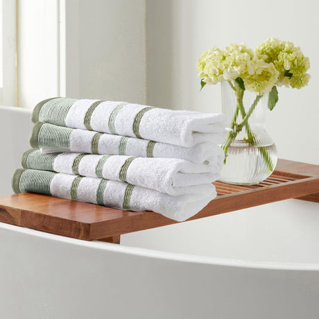 greatbayhome Hand Towel (Pack of 4) / Desert Sage Green / Moss Green Decorative Cotton Stripe Bath Towel Set - Noelle Collection Decorative Cotton Stripe Bath Towel Set | Noelle Collection by Great Bay Home