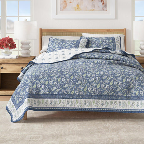 greatbayhome Quilts & Comforters Twin / Twin XL / Regal Garden - Blue Floral Boho Printed Cotton Quilt Set - Indira Collection Boho Bordered Floral Cotton Quilt Set | Indira Collection by Great Bay Home
