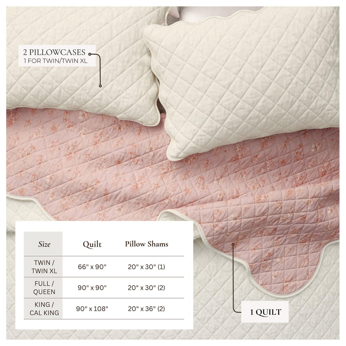 greatbayhome Quilts & Comforters Floral Print & Scallopeded Edge Cotton Quilt Set - Sandie Collection Spring Petals Scalloped Cotton Quilt Set | Sandie Collection by Great Bay Home