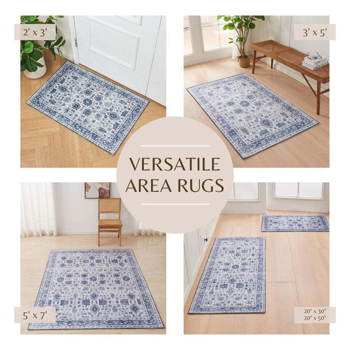 greatbayhome Rugs 3’ x 5’ / Blue Floral Machine Washable Accent Area Rug & Runner - Matra Collection Floral Washable Accent Area Rug 3' x 5' | Matra Collection by Great Bay Home