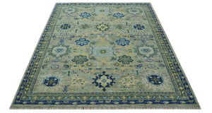 Green, Blue and Mustard Hand Knotted 8x10 Traditional Oushak wool area rug