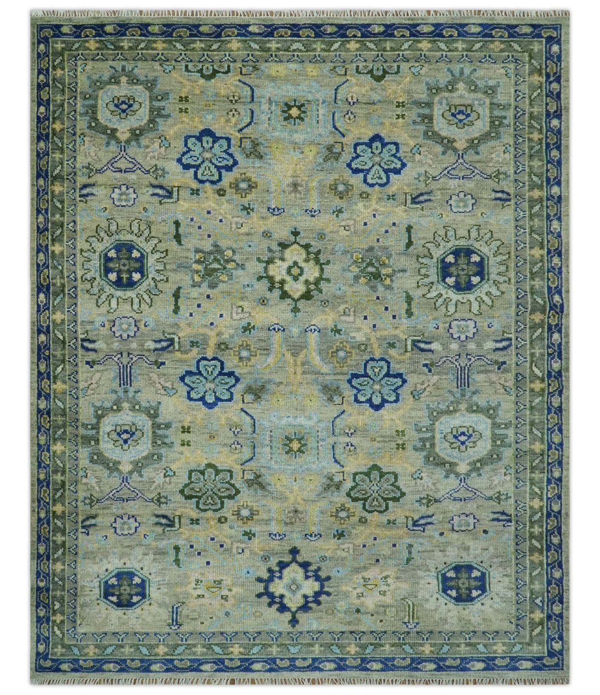 Green, Blue and Mustard Hand Knotted 8x10 Traditional Oushak wool area rug