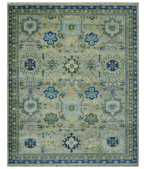 Green, Blue and Mustard Hand Knotted 8x10 Traditional Oushak wool area rug
