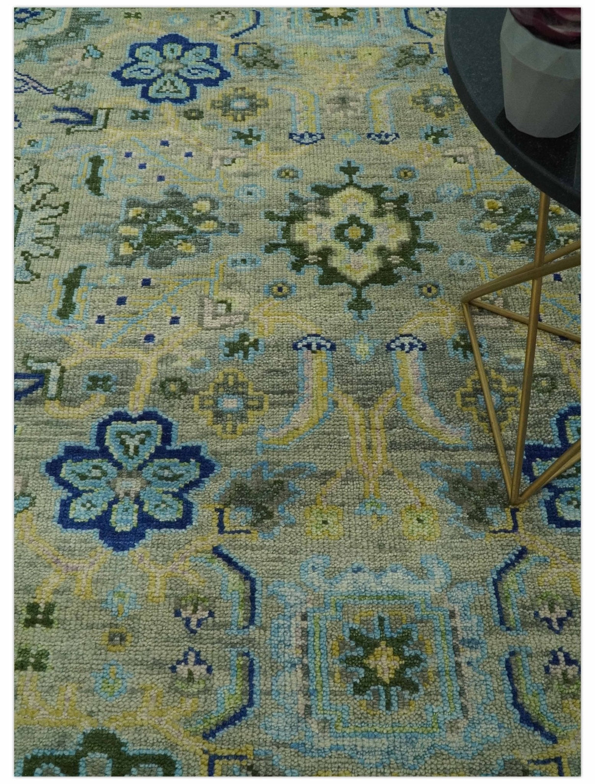 Green, Blue and Mustard Hand Knotted 8x10 Traditional Oushak wool area rug