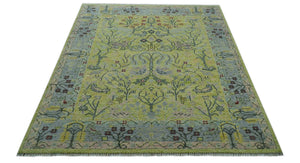 Green, Blue And Red Plant and Branches Hand Knotted Custom Made wool area rug