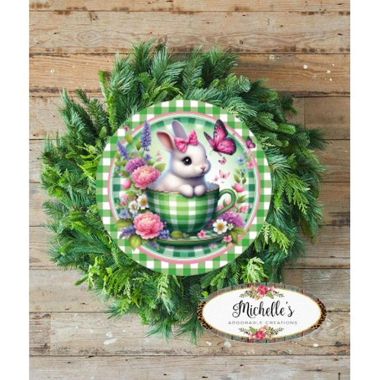 Green Check Easter Spring Bunny Teacup Sign