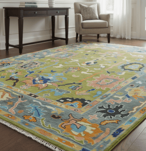 Green, Gray and Peach Vibrant Colorful Hand knotted Traditional Oushak 8x10 and 9x12 wool Area Rug