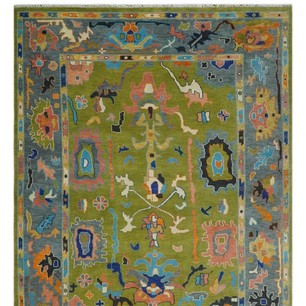 Green, Gray and Peach Vibrant Colorful Hand knotted Traditional Oushak 8x10 and 9x12 wool Area Rug