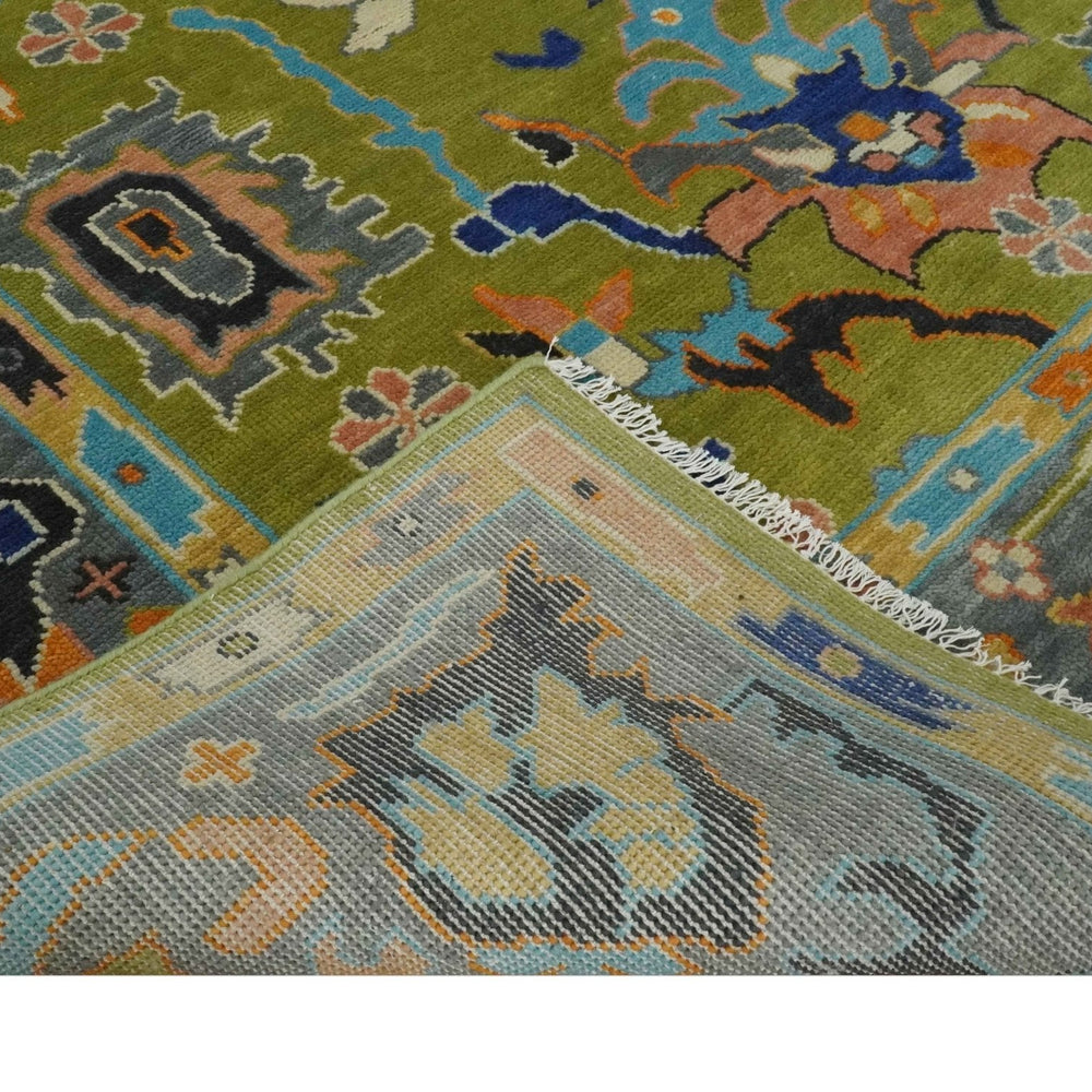 Green, Gray and Peach Vibrant Colorful Hand knotted Traditional Oushak 8x10 and 9x12 wool Area Rug