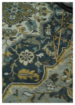 Ivory, Teal, and silver Hand Knotted Traditional Medallion Multi size wool Area Rug