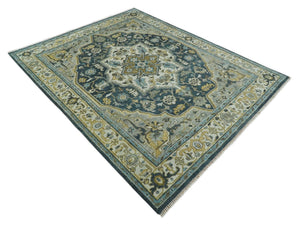 Ivory, Teal, and silver Hand Knotted Traditional Medallion Multi size wool Area Rug