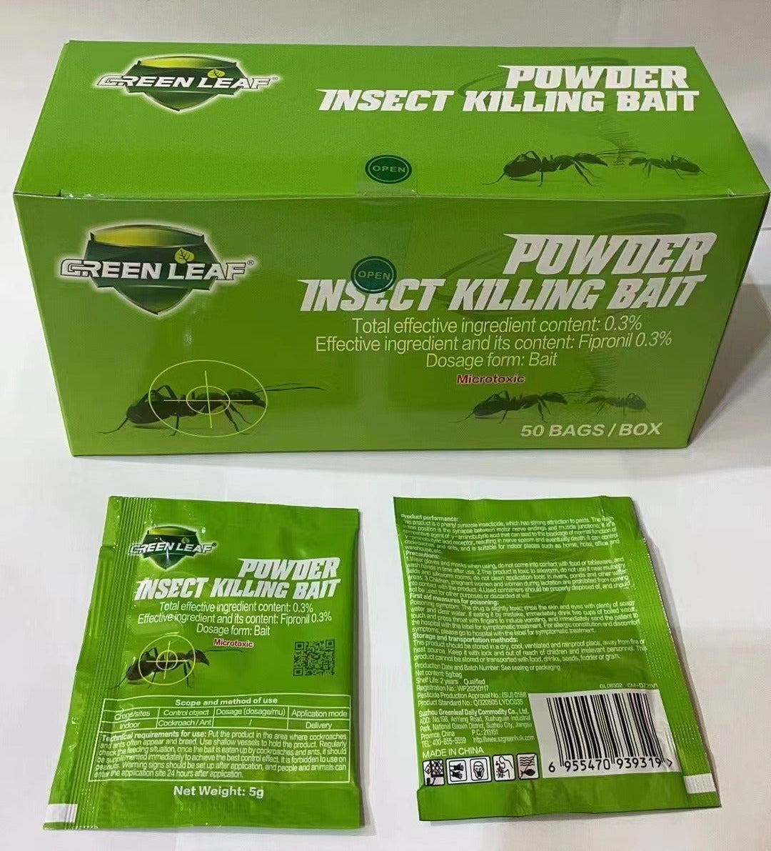 Green Leaf Cockroach & Ant Killer Bait Powder 5g – 50 Bags | Fipronil