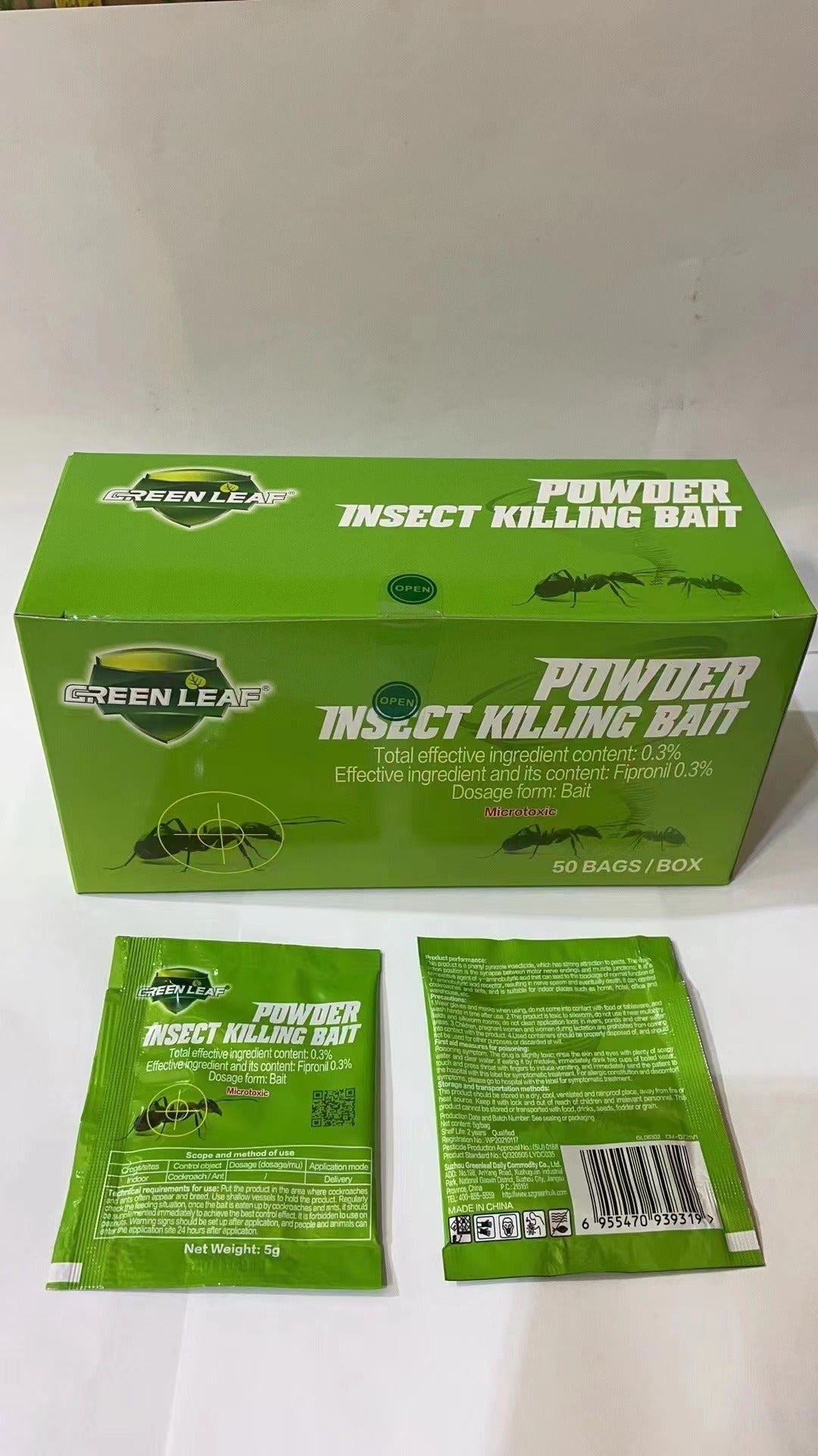 Green Leaf Cockroach & Ant Killer Bait Powder 5g – 50 Bags | Fipronil