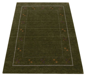 Green Modern Gabbeh Border Design Hand Loomed Wool Area Rug