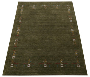 Green Tribal Border Design Hand Loomed Wool Area Rug