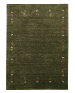 Green Tribal Border Design Hand Loomed Wool Area Rug