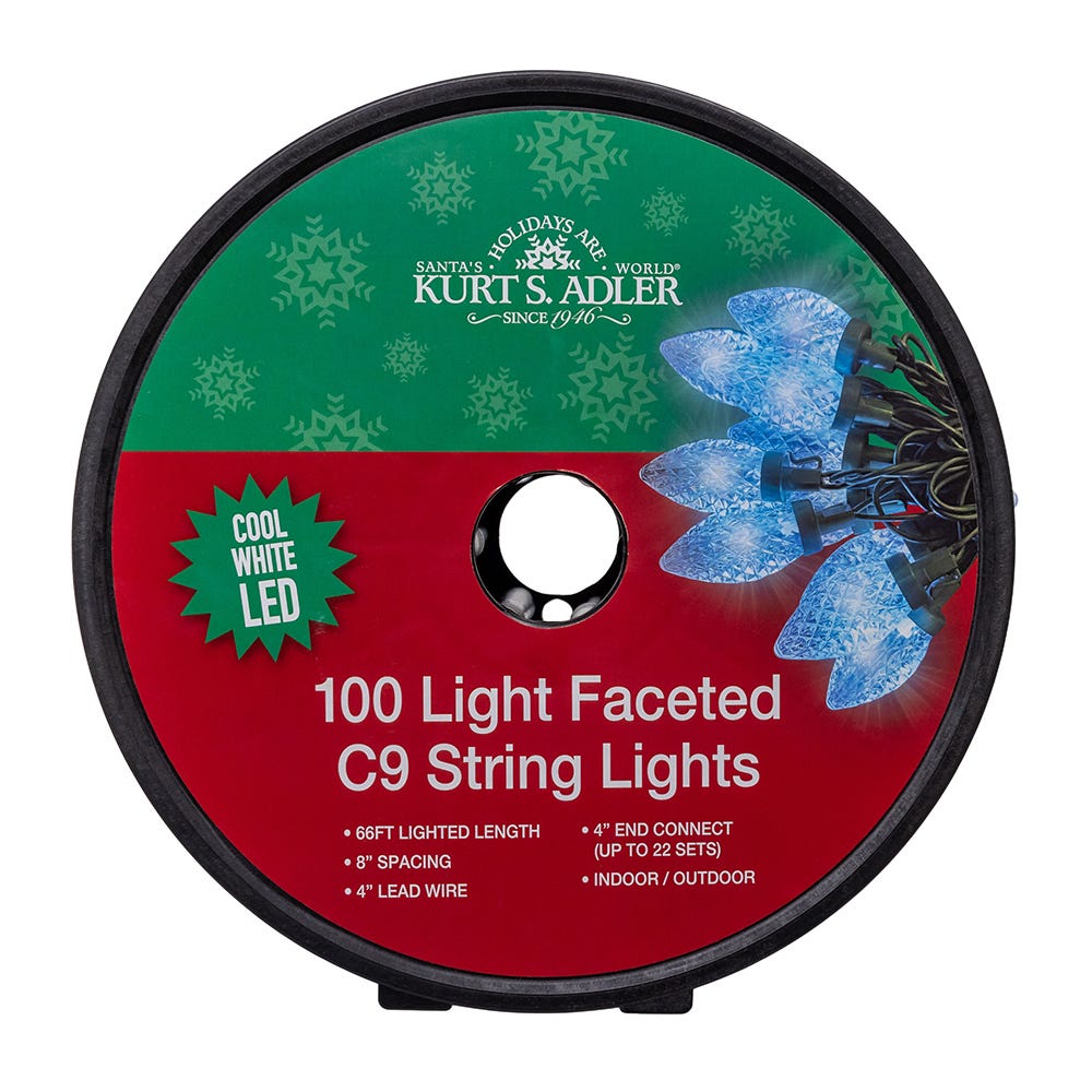 100-Light Cool White LED Faceted C9 Green Wire String Lights