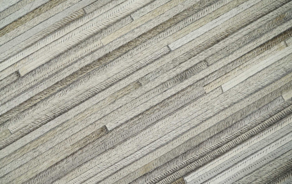 Hairon Leather Stripe Design Handmade Gray and Silver Area Rug, Hand Stitched Genuine Leather Rug
