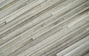 Hairon Leather Stripe Design Handmade Gray and Silver Area Rug, Hand Stitched Genuine Leather Rug