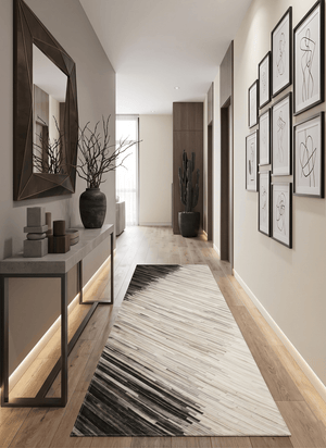 Hairon Leather Stripe Design Handmade Gray and Silver Area Rug, Hand Stitched Genuine Leather Rug