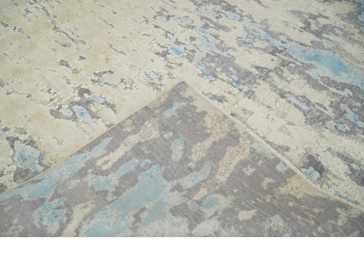 Hand Carved Abstract 8x10 Beige, Charcoal and Blue Hand Knotted Wool and Real Silk Area Rug