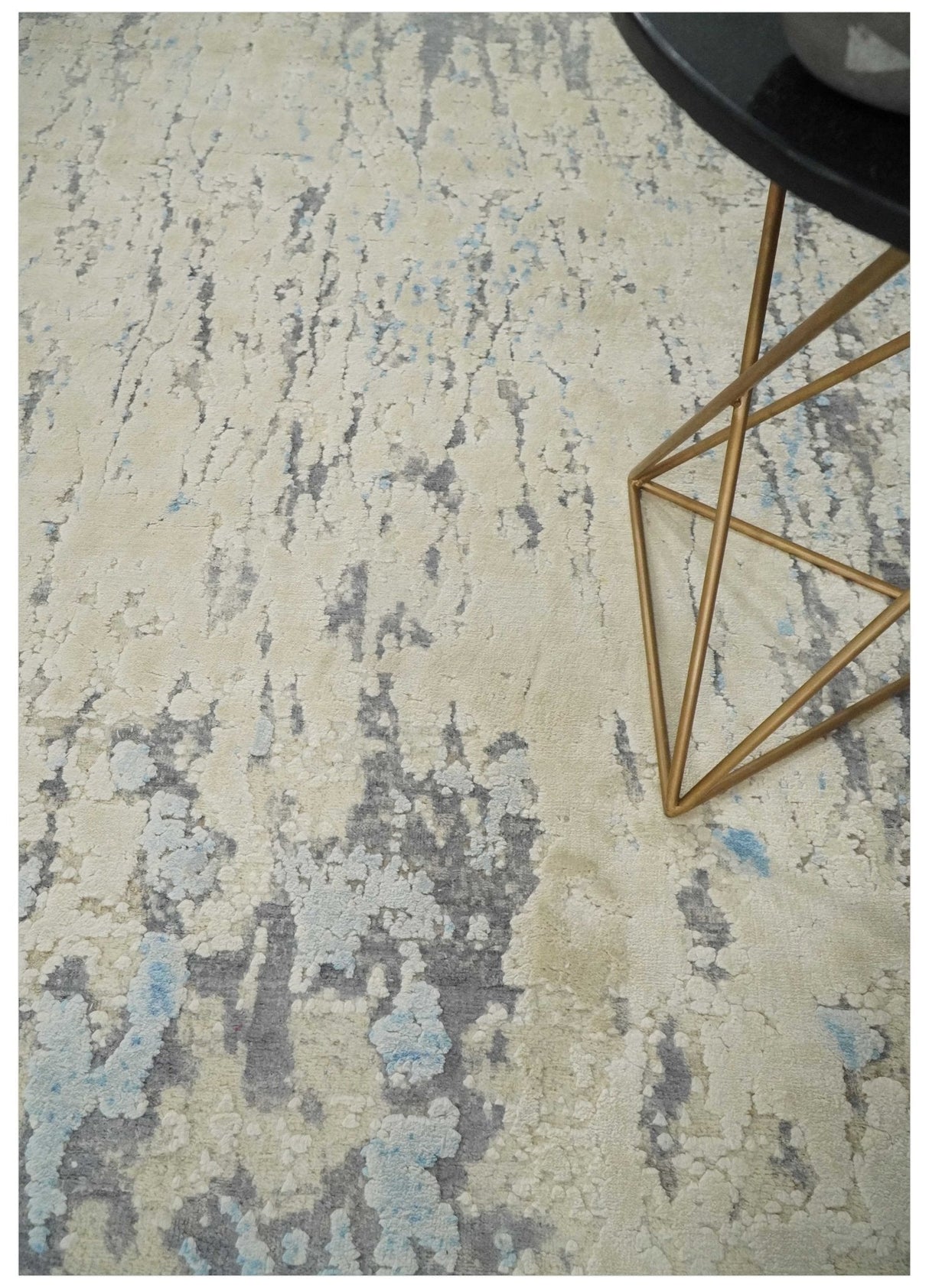 Hand Carved Abstract 8x10 Beige, Charcoal and Blue Hand Knotted Wool and Real Silk Area Rug