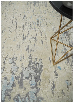 Hand Carved Abstract 8x10 Beige, Charcoal and Blue Hand Knotted Wool and Real Silk Area Rug