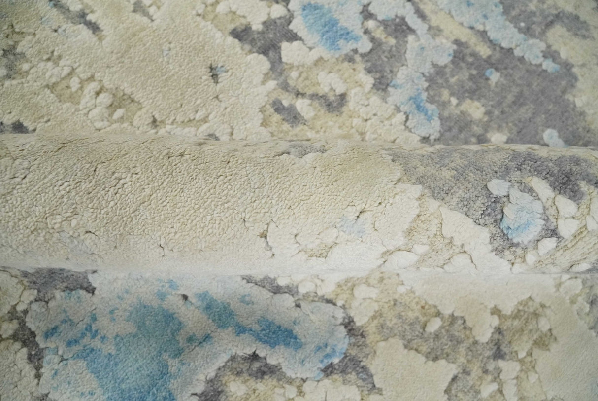 Hand Carved Abstract 8x10 Beige, Charcoal and Blue Hand Knotted Wool and Real Silk Area Rug