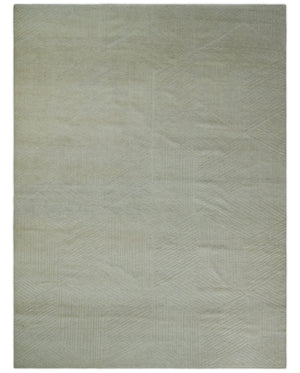 Hand carved Beige Geometrical Stripes Pattern Hand Knotted 9x12 Wool Area Rug