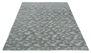 Hand carved Silver, Gray and Brown Traditional Geometrical Pattern Hand Knotted 8x10 and 9x12 Wool and Silk Area Rug