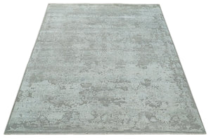 Hand Carved Texture Modern abstract Silver and Gray Hand Knotted 8x10 wool and Art Silk Area Rug