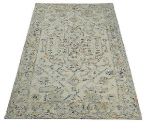 Hand Tufted 5x8 Beige and Blue Wool Textured Loop Area Rug