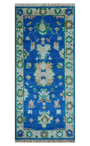 Hand knotted 2.6x6 Blue Traditional Oushak Design Wool Area Rug