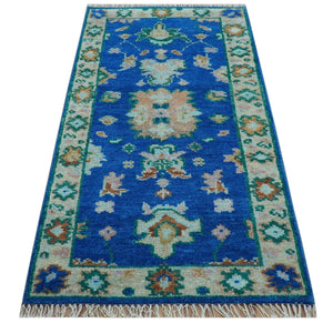 Hand knotted 2.6x6 Blue Traditional Oushak Design Wool Area Rug