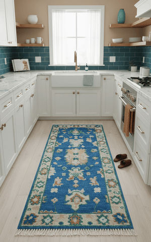 Hand knotted 2.6x6 Blue Traditional Oushak Design Wool Area Rug