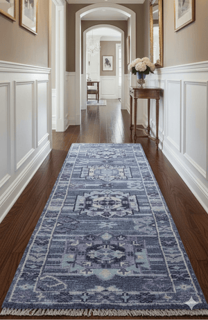 Hand knotted 2.6x8 Purple transitional geometrical Design Wool Area Rug