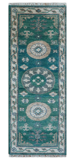 Hand knotted 2.6x8 Teal Traditional Khotan Design Wool Area Rug