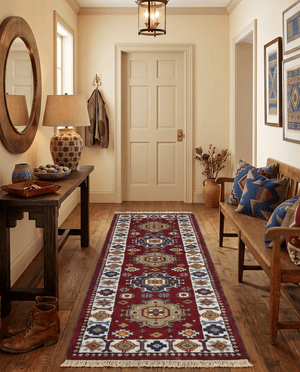 Hand Knotted 2.6x8 Traditional Kazak Red and Ivory Wool Rug