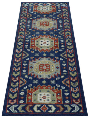Hand Knotted 2.6x6 Traditional Blue And Rust Wool Runner Rug