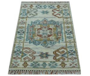 Hand knotted 2x3 Ivory And Blue transitional geometrical Design Wool Area Rug